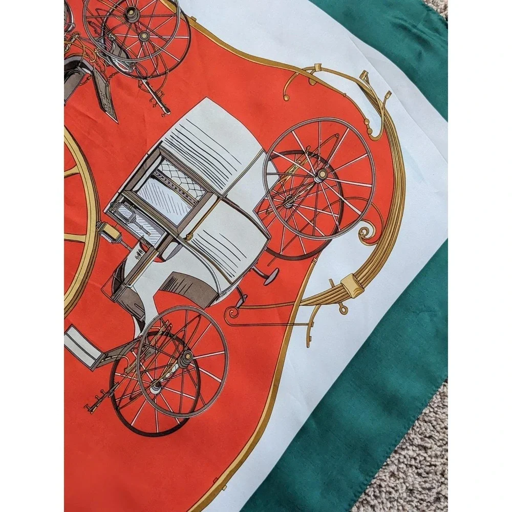 Korean Air Vintage 1980s‎ Equestrian Carriage Print Square Scarf Red Green 34